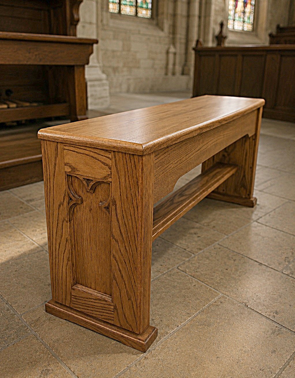 Phoenix Gothic style hydraulic adjustable organ bench in a church