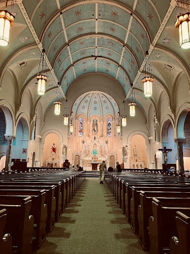 The vaulted nave of St. Ann's looking toward the sanctuary